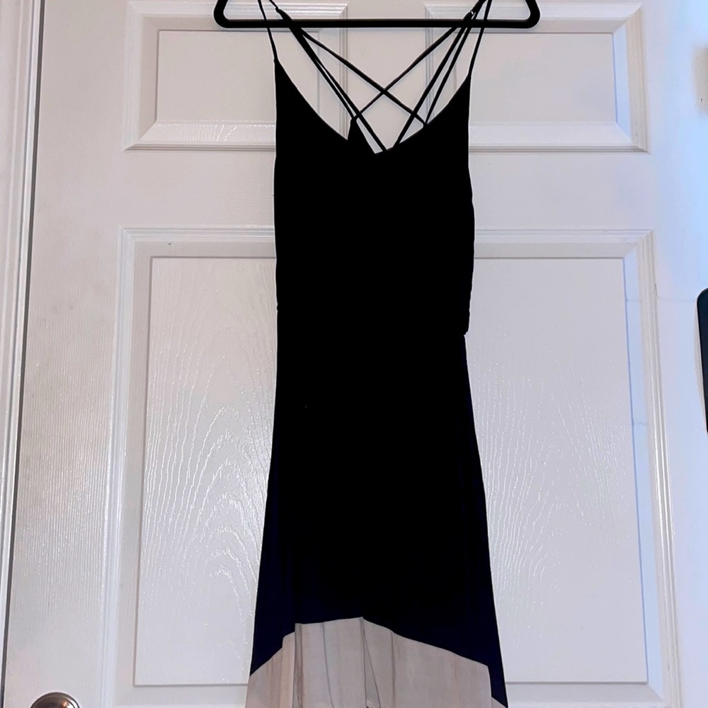 JustFab Extra Small Black with White Stripe High Low Strap Dress